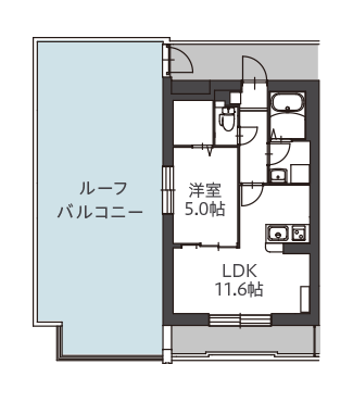 ルーフバルコニー付きの１LDKの間取り