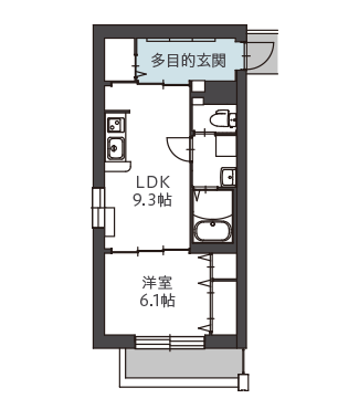 多目的玄関のある１LDKの間取り