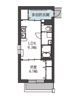 多目的玄関のある１LDKの間取り