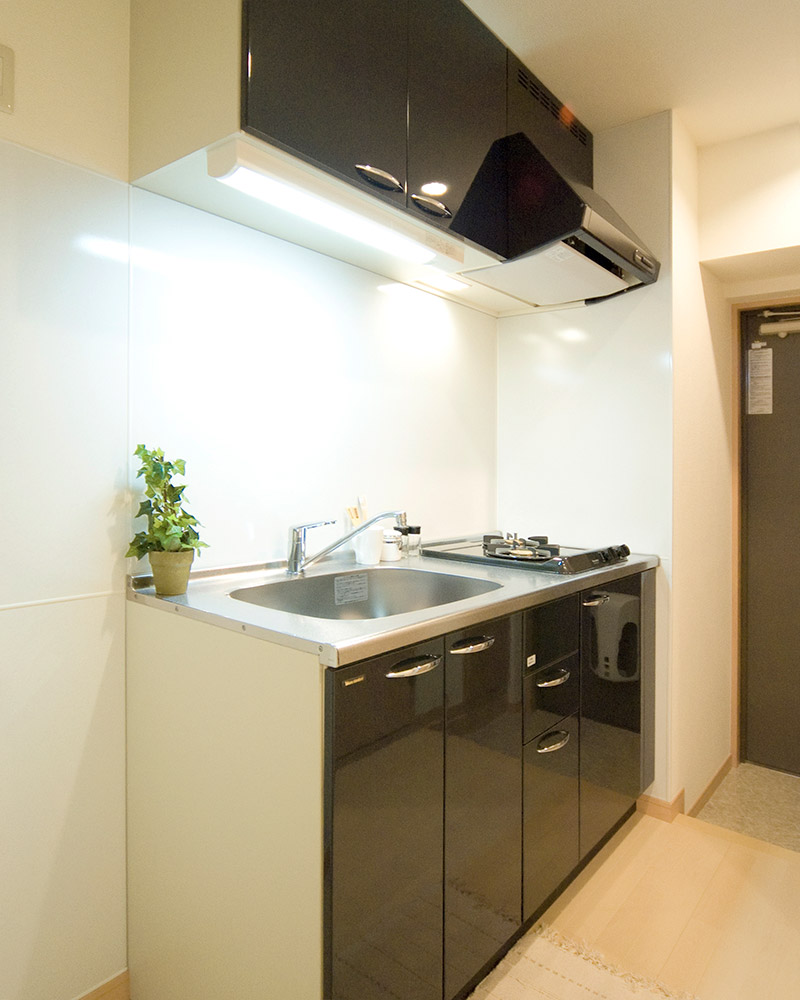 吊戸棚や引き出し収納、２口コンロのあるキッチン