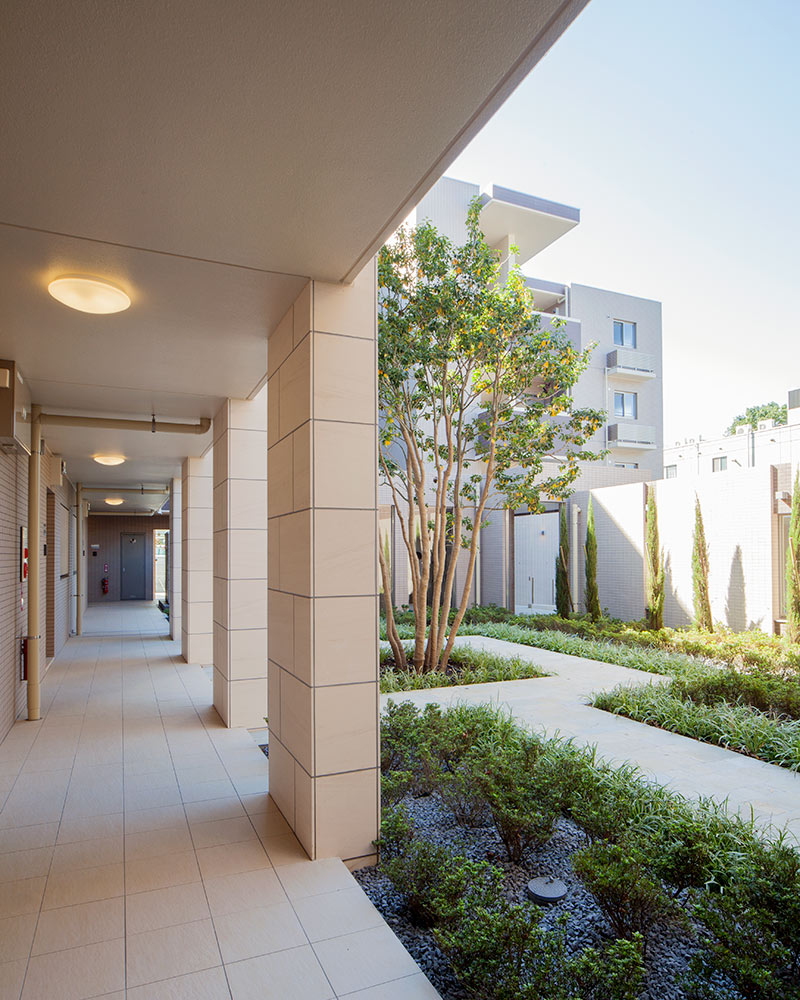 大判のタイルが貼られた中庭沿いの外廊下の柱。