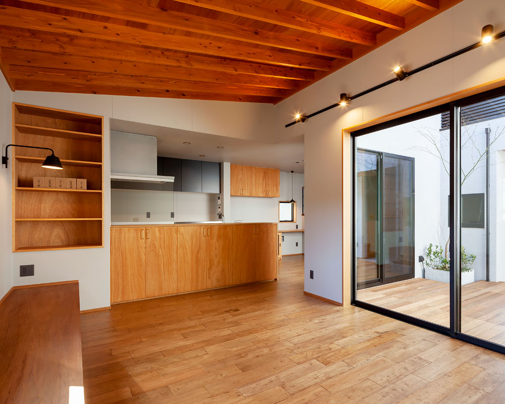 内から住まいを眺める家：リビング