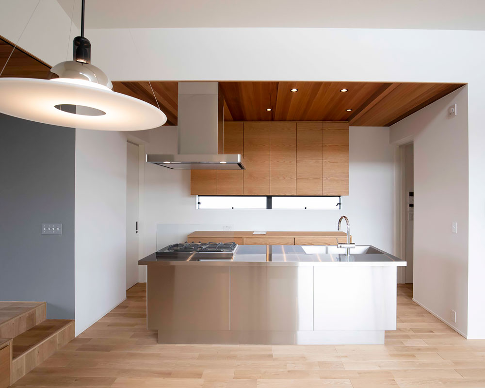 庭先アウトドアの家：オールステンレスのアイランドキッチン